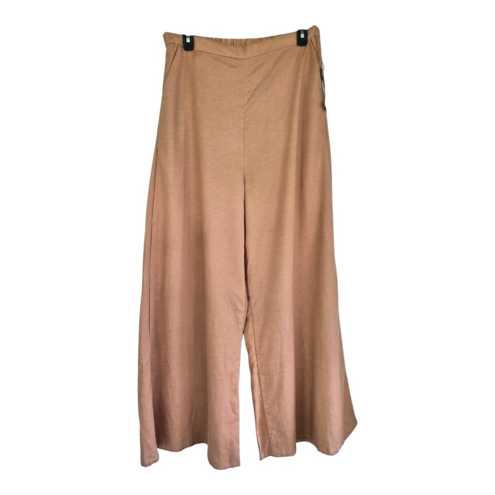 Midnight Sky Linen Blend Wide Leg Pants L Brown Tan Pull On Lagenlook Boho